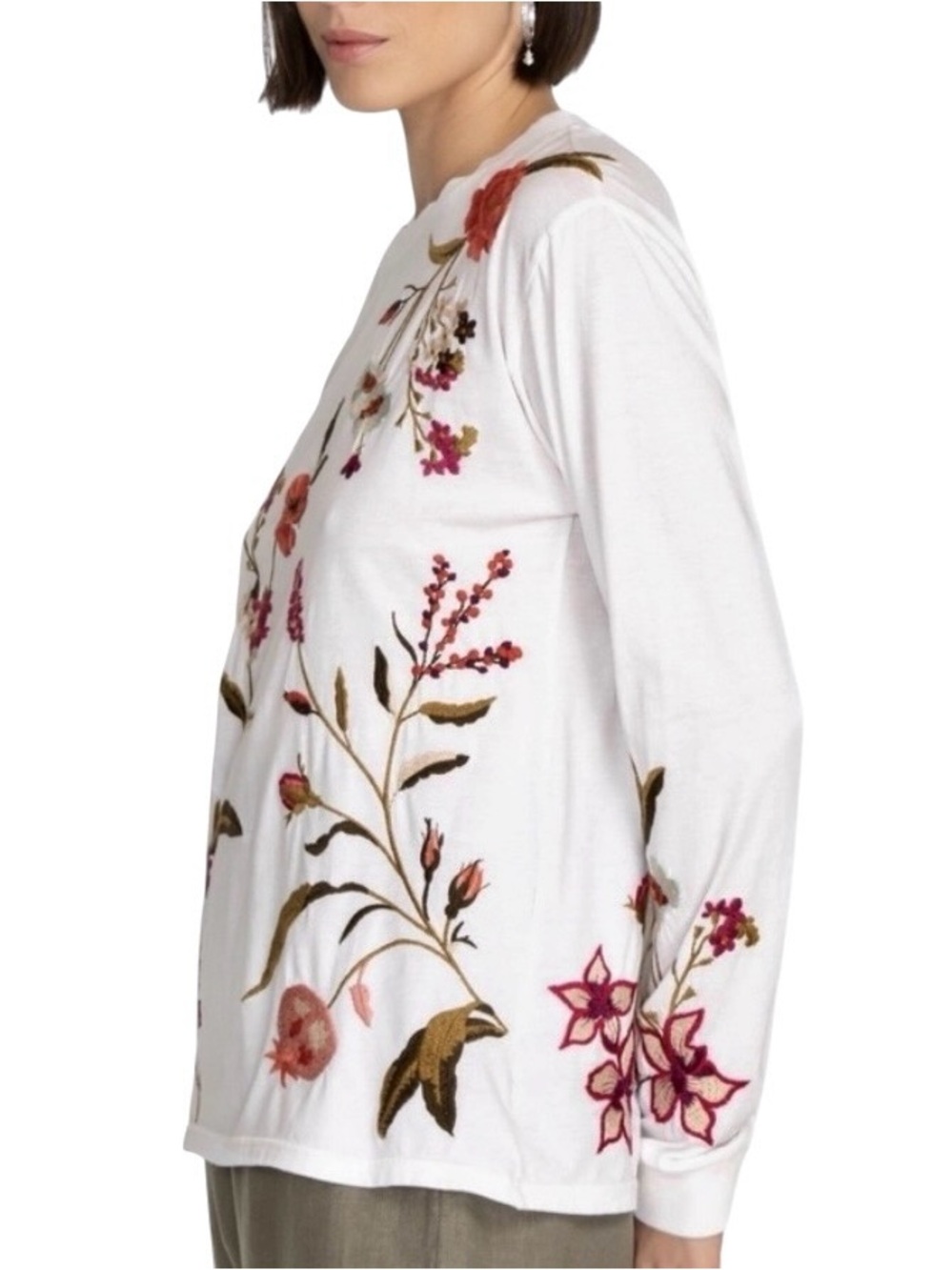 Johnny Was White Long-Sleeve Embroidered Floral Boho Tee M